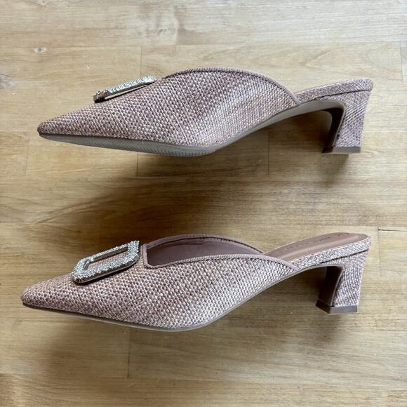 Anne Klein AK iflex Comfort Sparkle Buckle Brown Raffia Kitten Heel Mule Slide - Picture 8 of 9